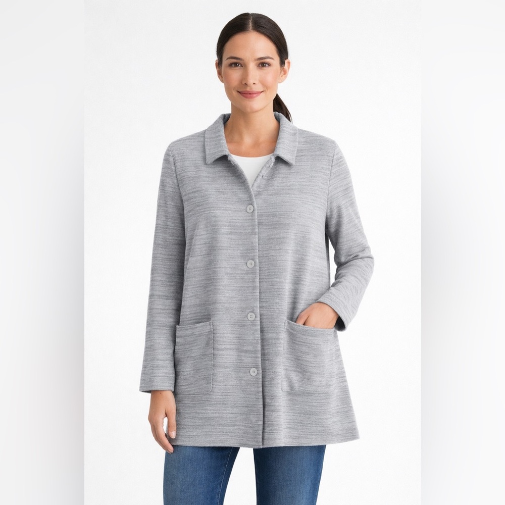 Eileen Fisher Cotton Button Down Cardigan Pea Coat Heather Gray Medium